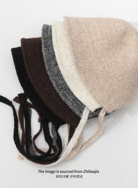 大头围绑带毛线帽开叉渔夫帽女秋冬保暖百搭针织护耳帽盆帽显脸小