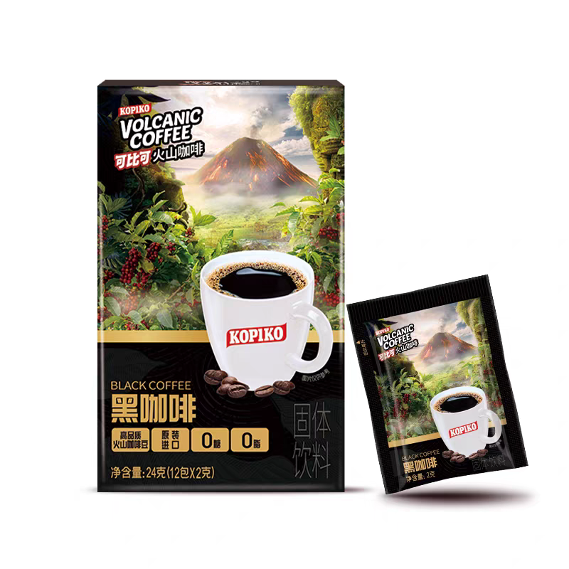 印尼进口KOPIKO可比可速溶美式火山提神黑咖啡0糖0脂24g(12包）