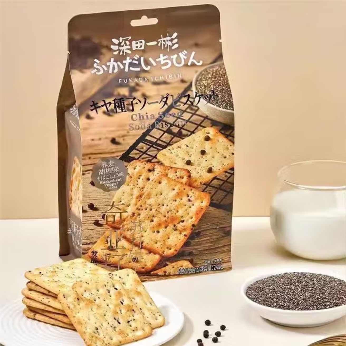 深田一彬奇亚籽苏打饼干荞麦胡椒发酵饼干办公室零食下午茶点240g