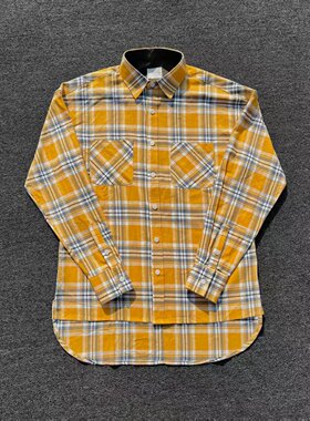 明亮叔出品4th高街风格黄格子长袖开叉衬衫比伯同款内搭打底衫男
