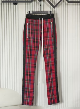 明亮叔出品秋冬加厚款5th苏格兰红格子修身裤高街抽绳拉链休闲裤
