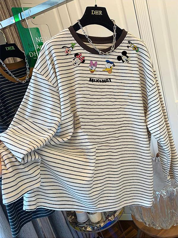 韩国风格慵懒风格拉丝条纹长袖女式t恤2024秋冬新款加厚内层衬衫