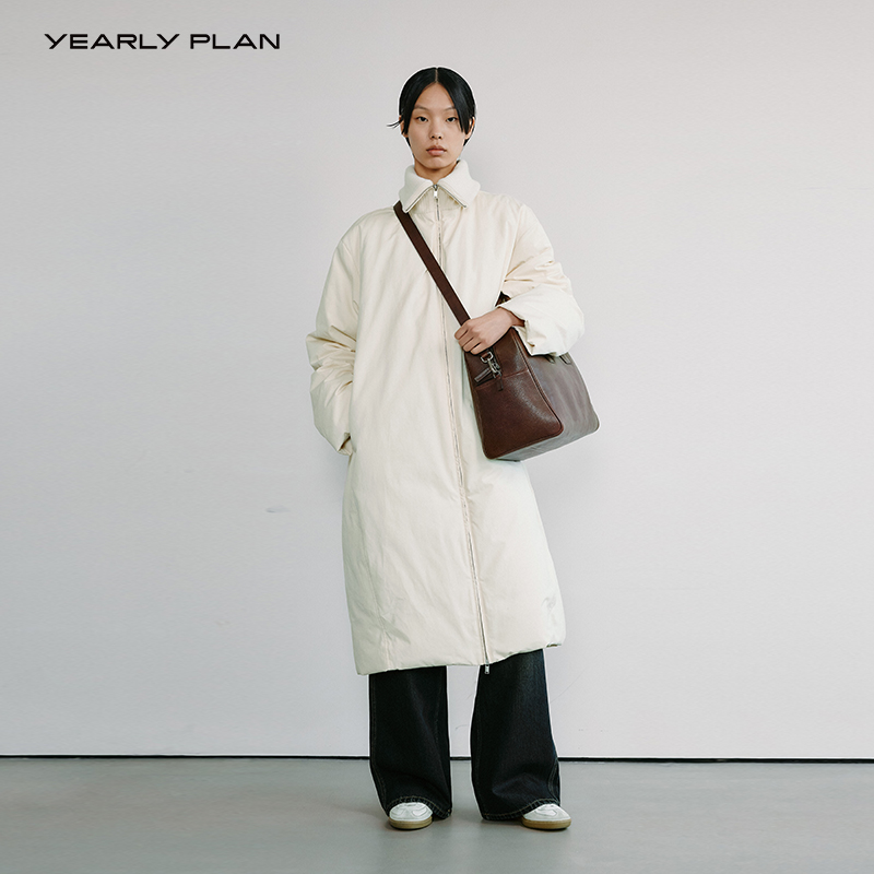 YEARLY PLAN 秋冬季新款精梳棉哑光挺阔外套可立领中长款羽绒服女