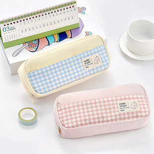 田园格子小清新笔袋女孩款高颜值ins风撞色笔盒双层大容量文具袋初中学生用2025年新款潮流