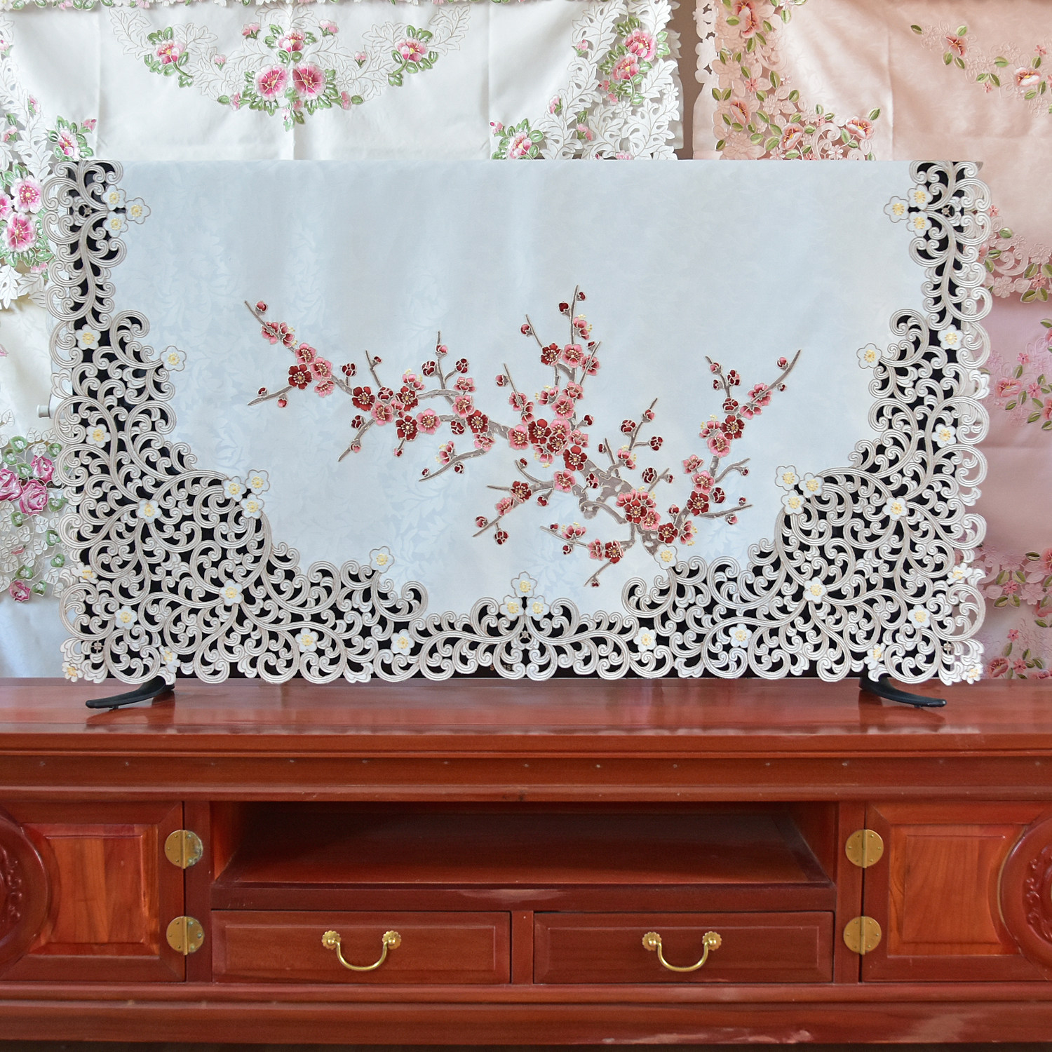 电视机盖巾布艺刺绣盖布防尘罩50寸55寸60寸65寸台式挂式液晶曲屏