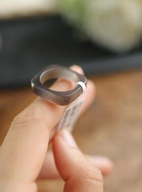 天然和田玉 14.5码 17.1x2.2mm烟紫方戒 货号NY8537 价格380