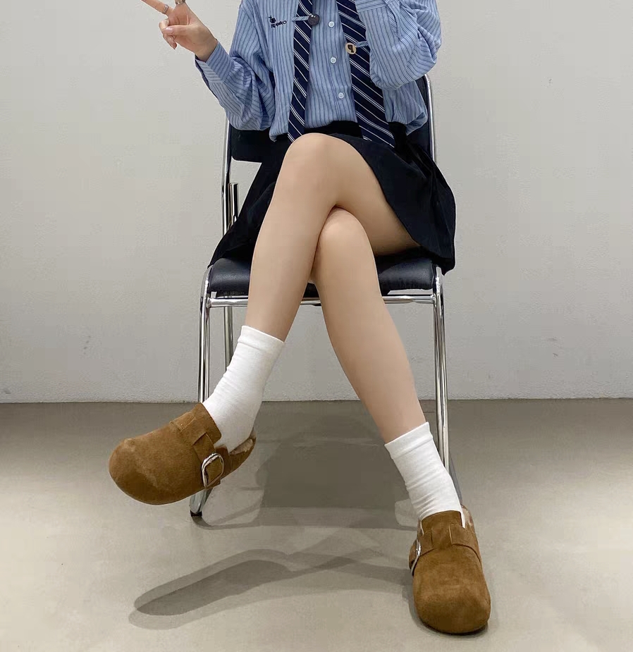 高品质撤柜正版冬舒服百搭 季新款女士真皮加绒厚底博肯拖鞋