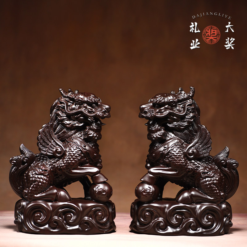 黑檀木麒麟摆件实木雕刻招财麒麟办公室客厅装饰店铺开业乔迁礼品
