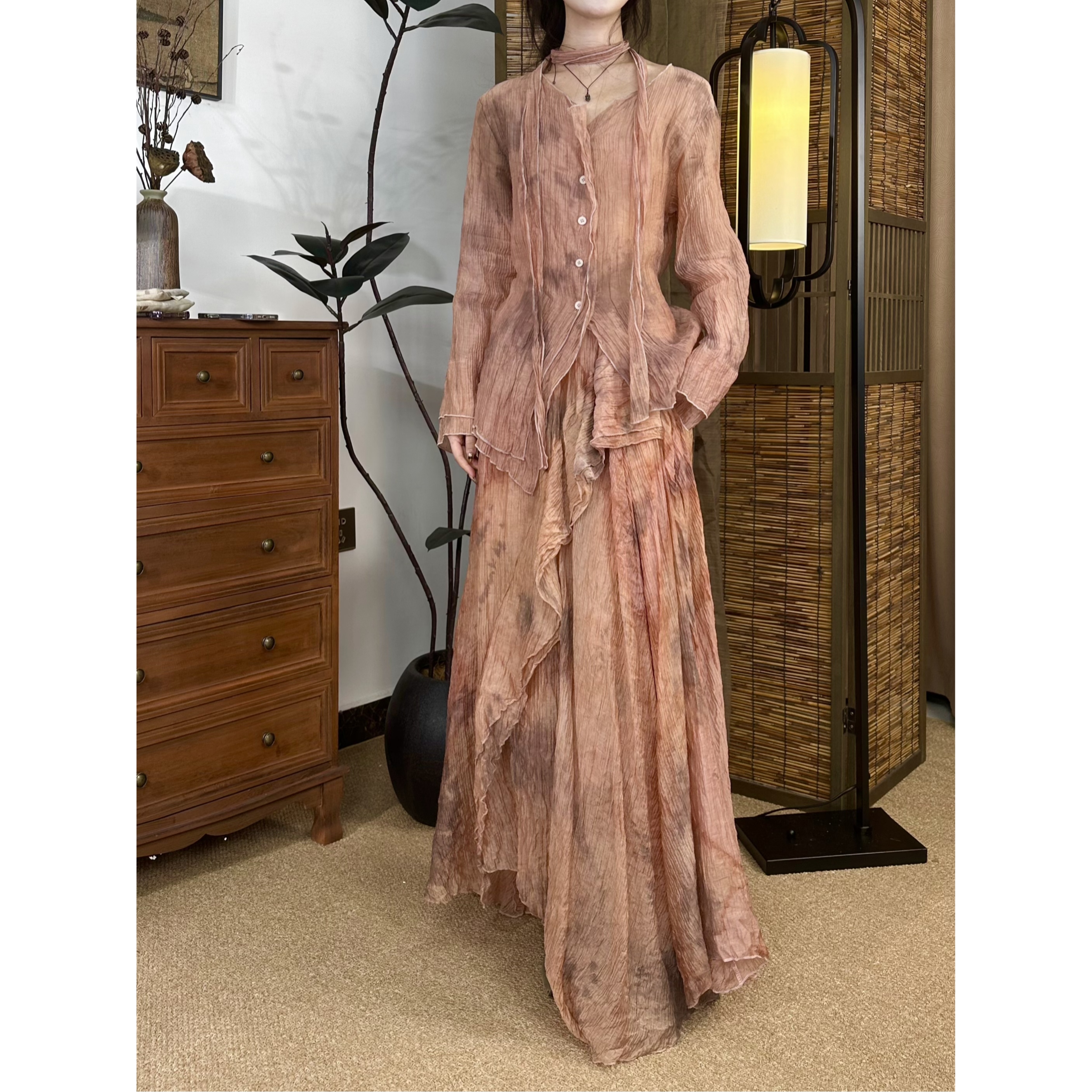 设计师品牌正品扎染定制裙粉色裙