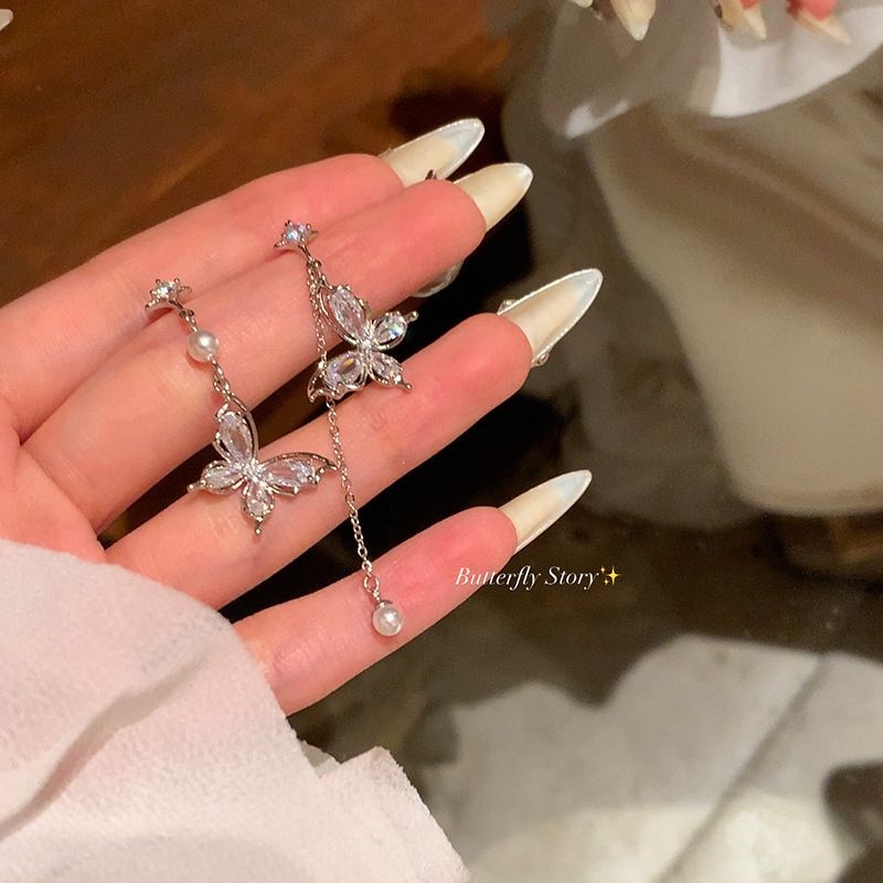 S925银针轻奢小众精致锆石蝴蝶耳钉女百搭气质不对称长款流苏耳环