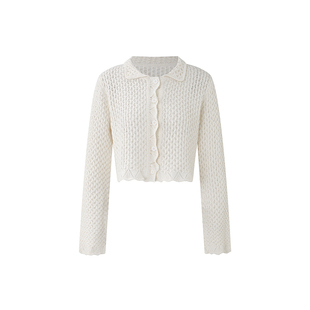 EATMI【航海系列】亚麻莱赛尔混纺金银丝镂空翻领针织开衫