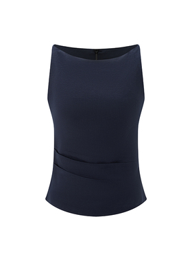 EATMI「静奢蓝」26春夏一字领天丝亚麻无袖藏蓝老钱风微褶皱上衣