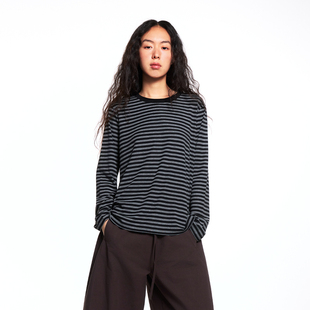 EATMI 「灰调懒条纹」亲肤软垂知识分子圆领打底衫长袖T恤