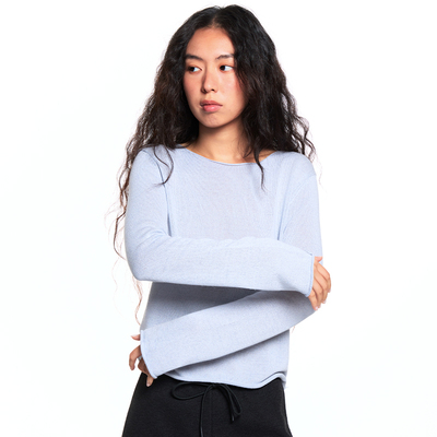 EATMI 「呼吸针织」亚麻莱赛尔微卷边船领合身显瘦长袖针织衫