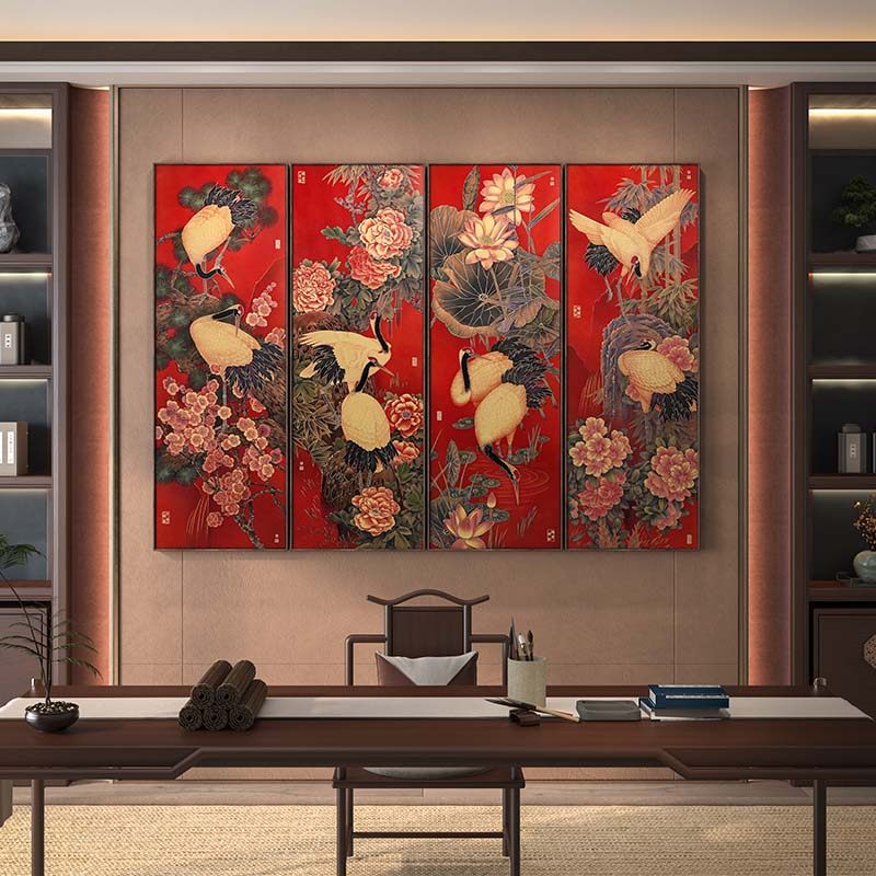 福禄寿喜新中式四联挂画办公室背景墙装饰画客厅中国风富贵吉祥画