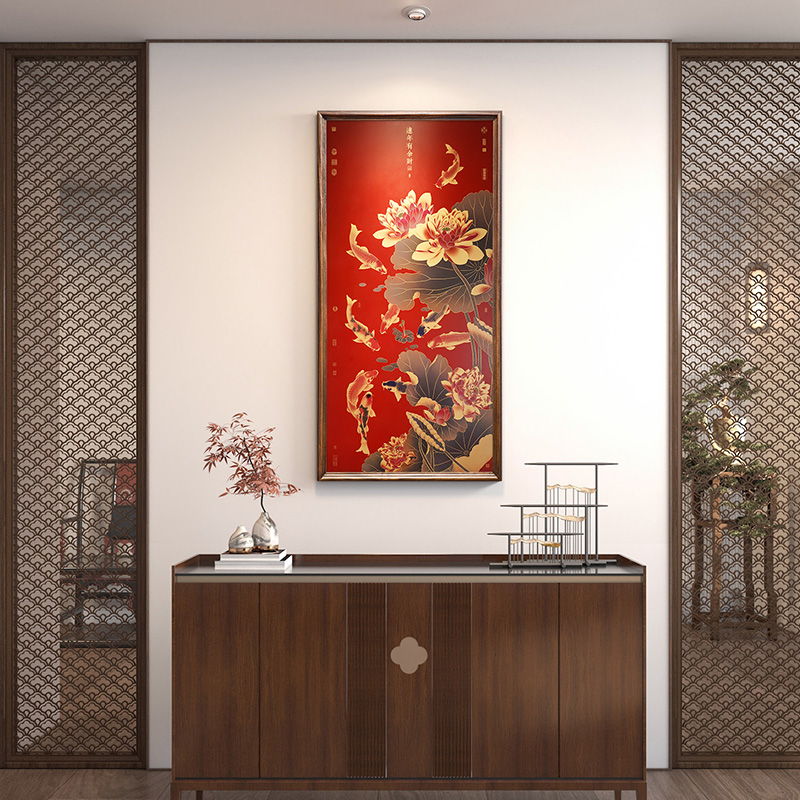 入户挂玄关装饰画荷花九鱼图高端轻奢挂画走廊过道实木铜雕招财画图片