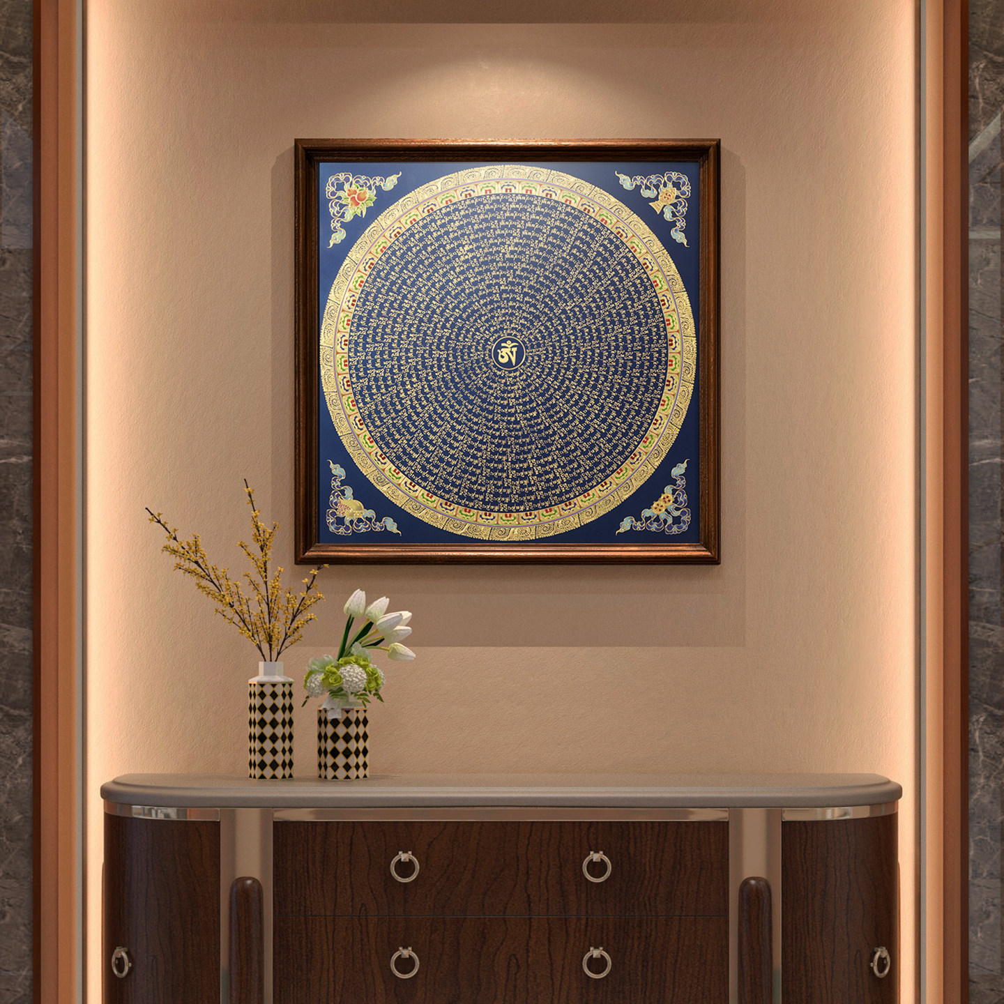 时轮金刚坛城玄关装饰画手工錾刻黄铜唐卡书房茶室墙面手工艺术画