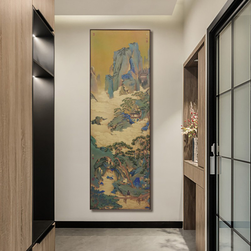 玉洞仙源图仇英黄铜画新中式手工彩烧古画客厅书房背景墙山水壁画