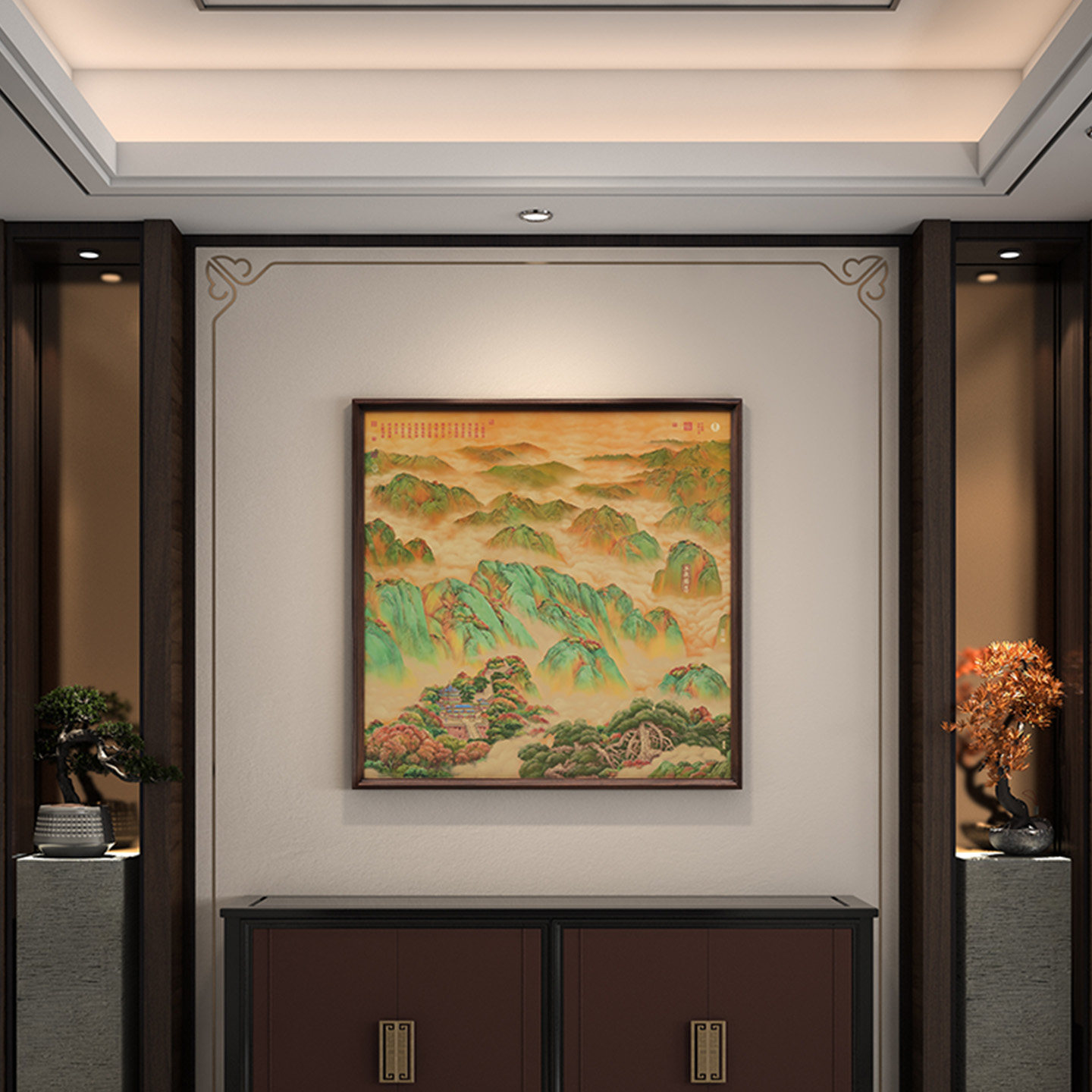 五岳独尊中堂山水画客厅背景墙铜画沙发现代壁画新中式方版装饰画