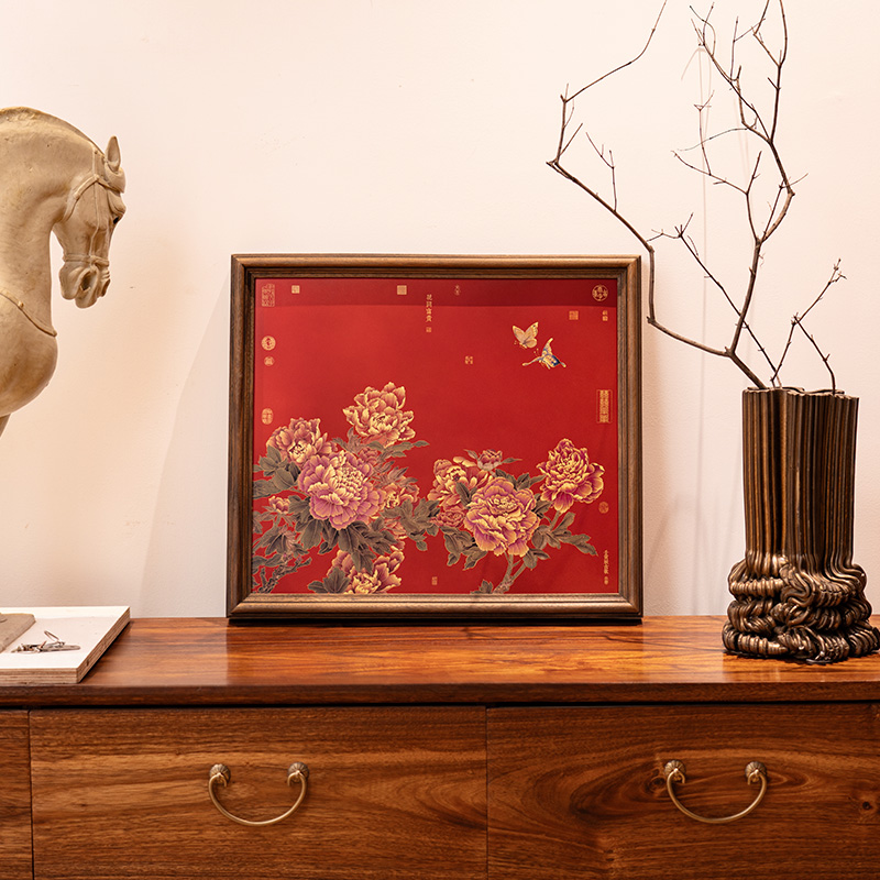 客厅过道装饰画花开富贵餐厅壁画新中式国风挂画现代牡丹花轻奢铜图片