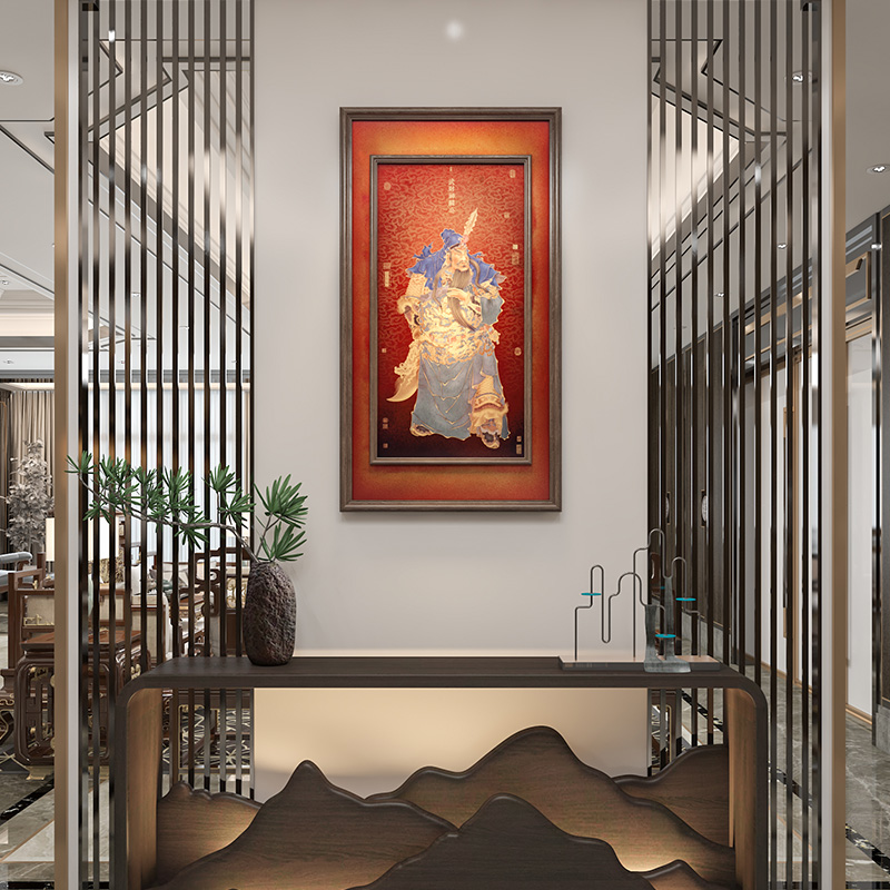 中堂装饰画客厅堂口背景墙画招财镇宅挂画实木嵌铜中式武财神关公