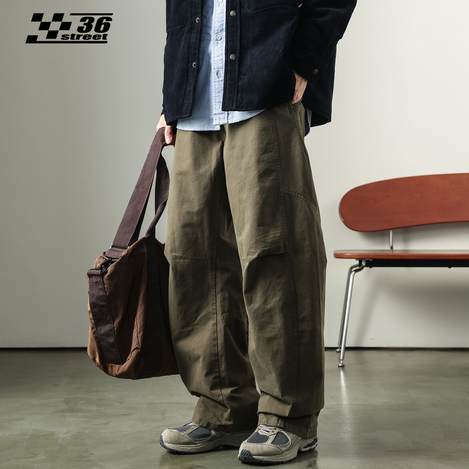 复古设计感褶皱工装裤男