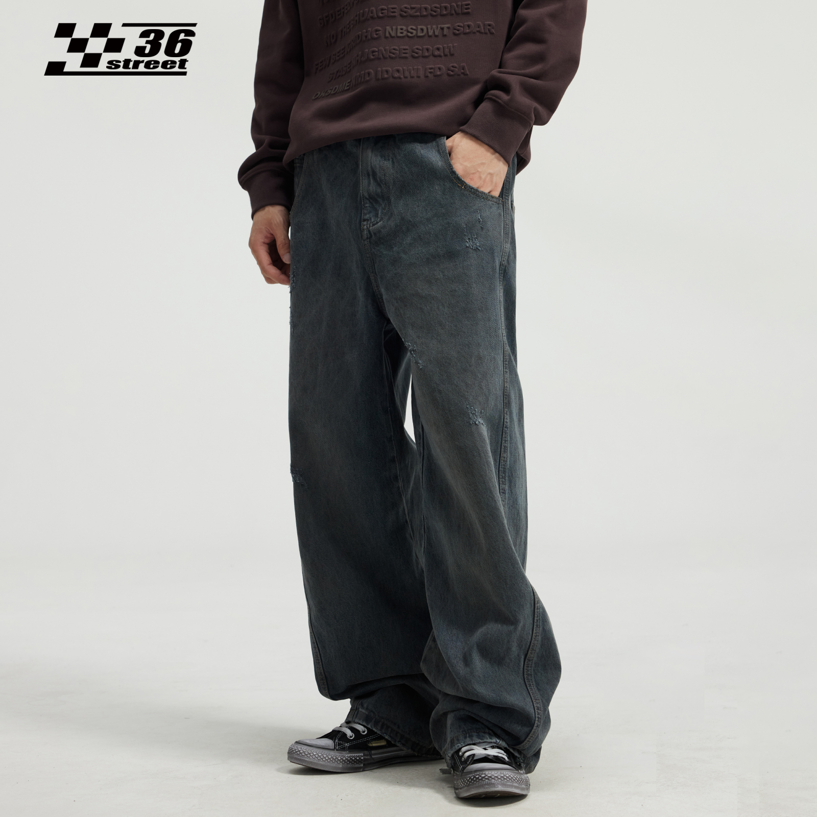 美式复古脏脏做旧水洗刮烂直筒牛仔裤男废土风阔腿裤潮牌工装裤