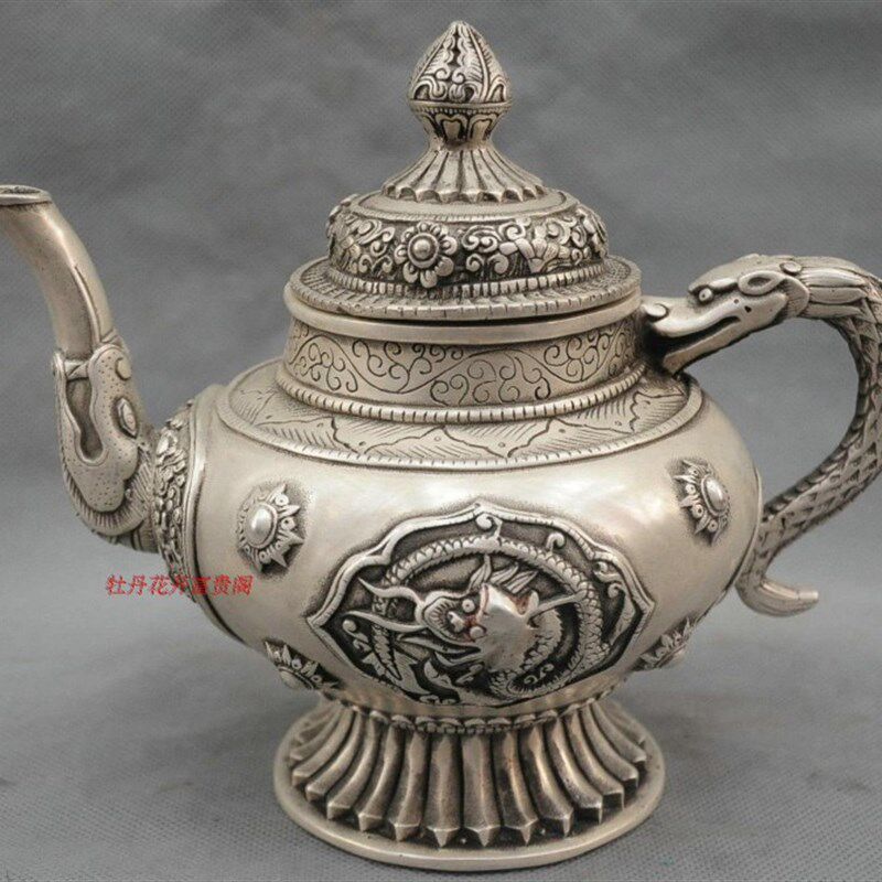 白铜鎏银壶e摆件 仿古铜八吉祥酒壶茶壶 家居装饰品工艺品摆设礼