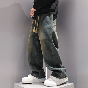有术美式复古渐层色水洗牛仔裤男冬季阔腿垂感R加厚加绒直筒长裤