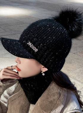 小线帽子女秋冬百搭加mxm-dd2d绒加厚耳针织帽鸭舌保暖帽显脸围巾