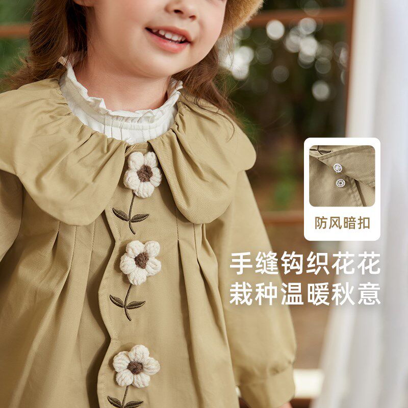 女童风衣外套儿童秋季花瓣翻领衣服小童中长款英伦风童装宝宝秋装
