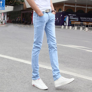 韩版夏季天蓝色裤子男修身v小脚裤薄款休闲牛仔裤男士长裤潮流秋