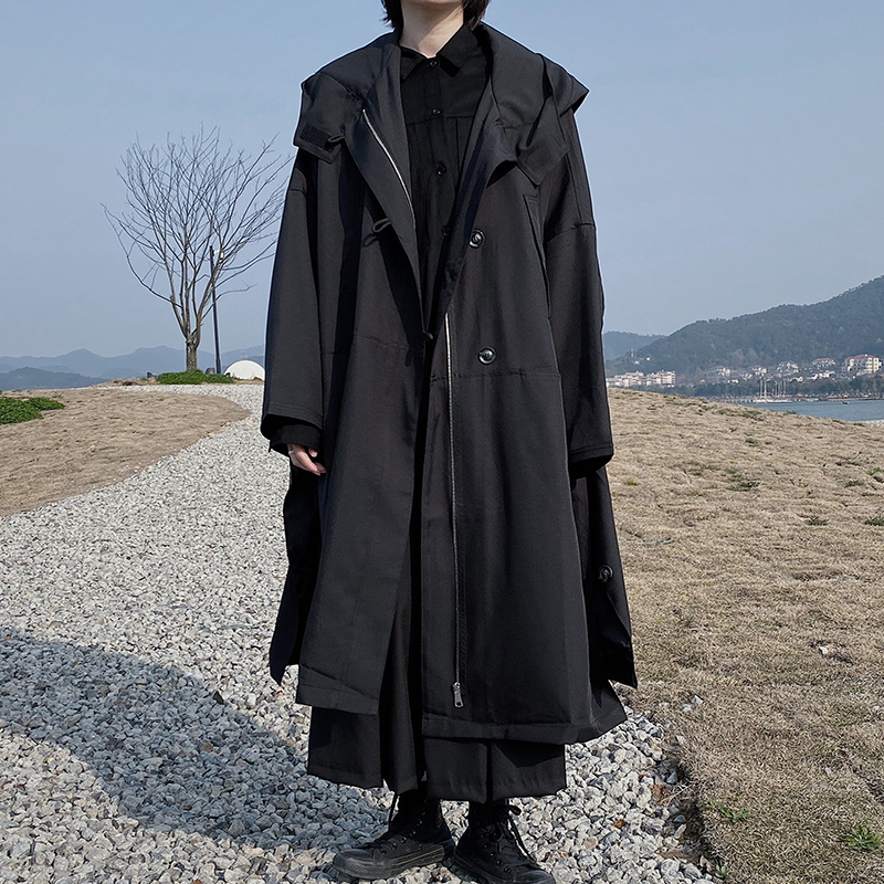 山本暗黑小众炸街风衣男女2023春季过膝长款宽松连帽大衣外套学生