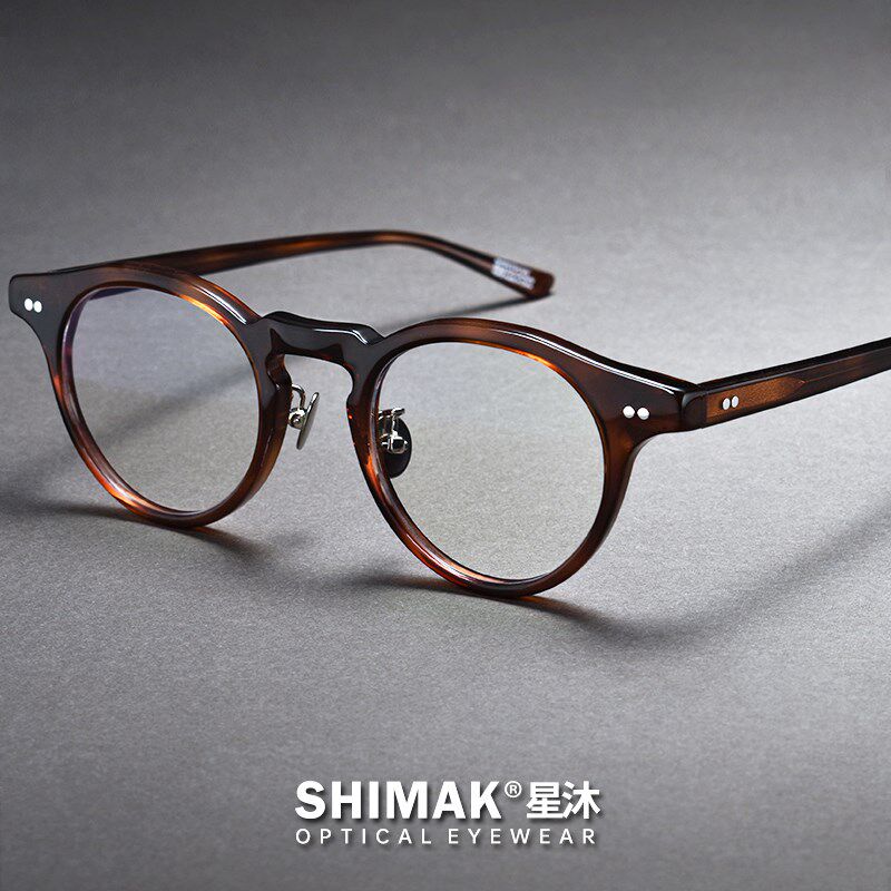 复古文艺手工板材眼镜框男款圆形C独立式鼻托大脸茶色女近视级感