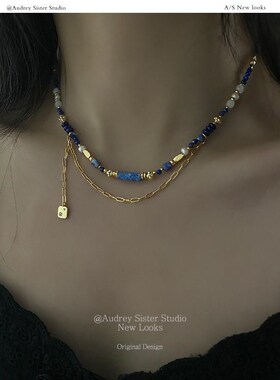 彩色天然青金石项链淡水珍珠女时尚气质网红天然石小众百搭锁骨链