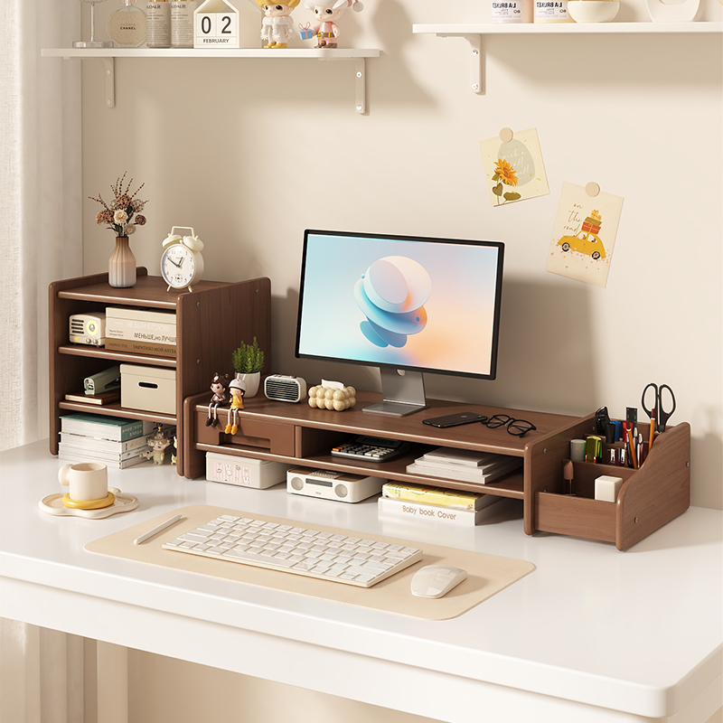 台式电脑增高架桌面置物架办公室工位带抽屉收纳架显示器垫高托架