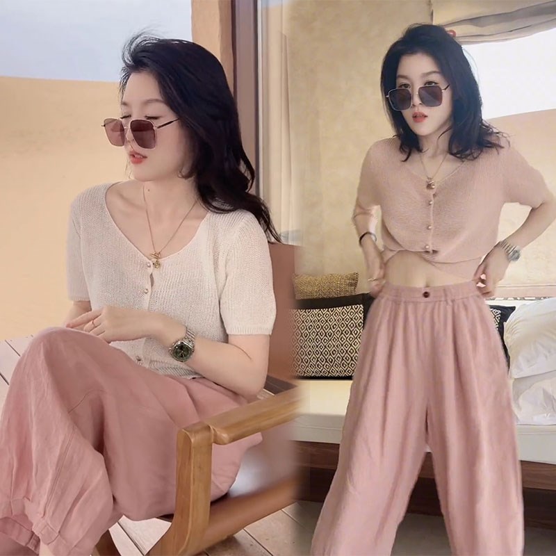梨形身材夏天穿搭一整套高档短款针织开衫上衣垂感休闲裤两件套装