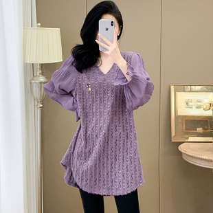 大码女装2024新款秋冬内搭打底衫中长款v领蕾丝衫百搭显瘦上衣潮