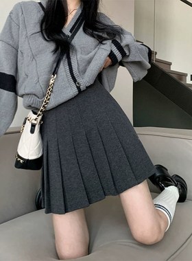 灰色毛呢百褶裙女k秋冬小个子高腰显瘦百搭A字半身裙大码胖mm短裙