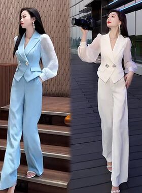 气质女士套装2024夏季新款修身显瘦短外套高腰阔腿裤两件套潮