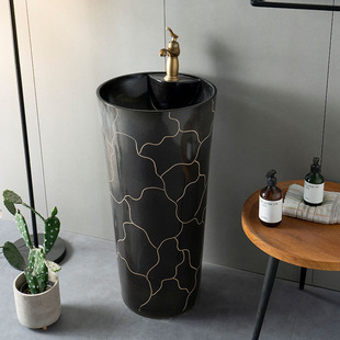 黑色户外洗手池庭院洗o手台柱盆室外洗手盆立柱式洗脸盆一体落地