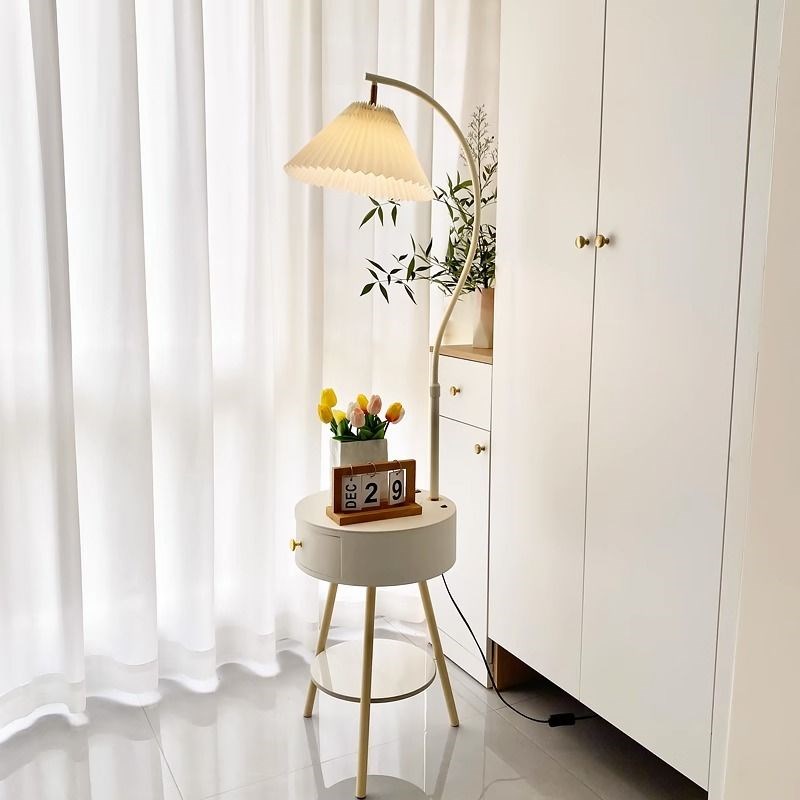 客厅百褶落地灯茶几置物架立式台灯奶油风卧室带床头X柜抽屉一体