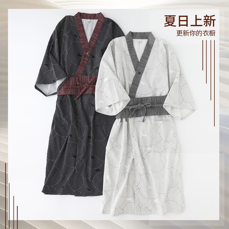 纯棉日式情侣波点睡袍复古睡裙男女浴衣春夏家居服长裤睡衣两件套