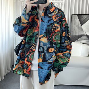 男女春秋新款 大码 衬衫 涂鸦长袖 宽松痞帅潮牌外套 300斤vintage美式