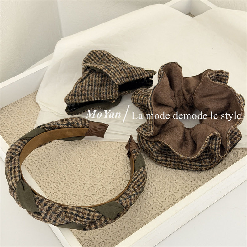 韩版时尚格纹双拼布艺发夹气质百搭金标麻花发箍双拼头箍复古发圈