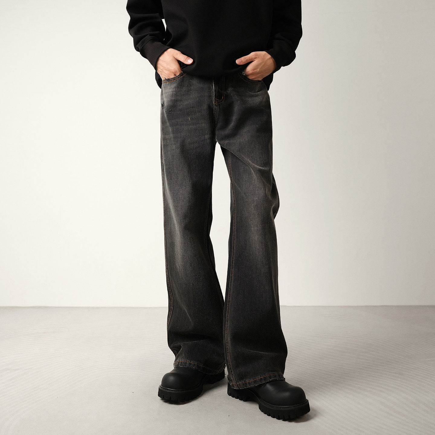 CONVERGES黑灰色复古水洗微喇牛仔裤男春秋宽松阔腿直筒潮流长裤