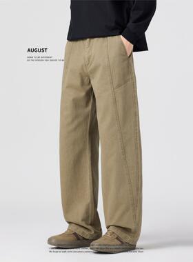 August卡其工装休闲裤男款宽松直筒长裤纯棉加绒加厚裤子男士百搭