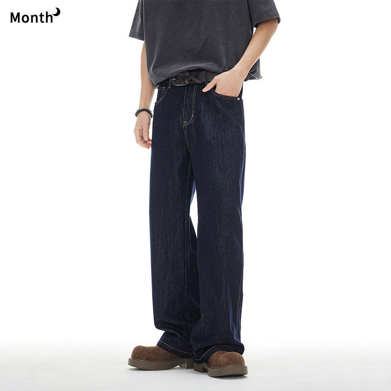 CHAN MONTH美式复古原色牛仔裤男款高街秋冬潮宽松加绒直筒长裤子