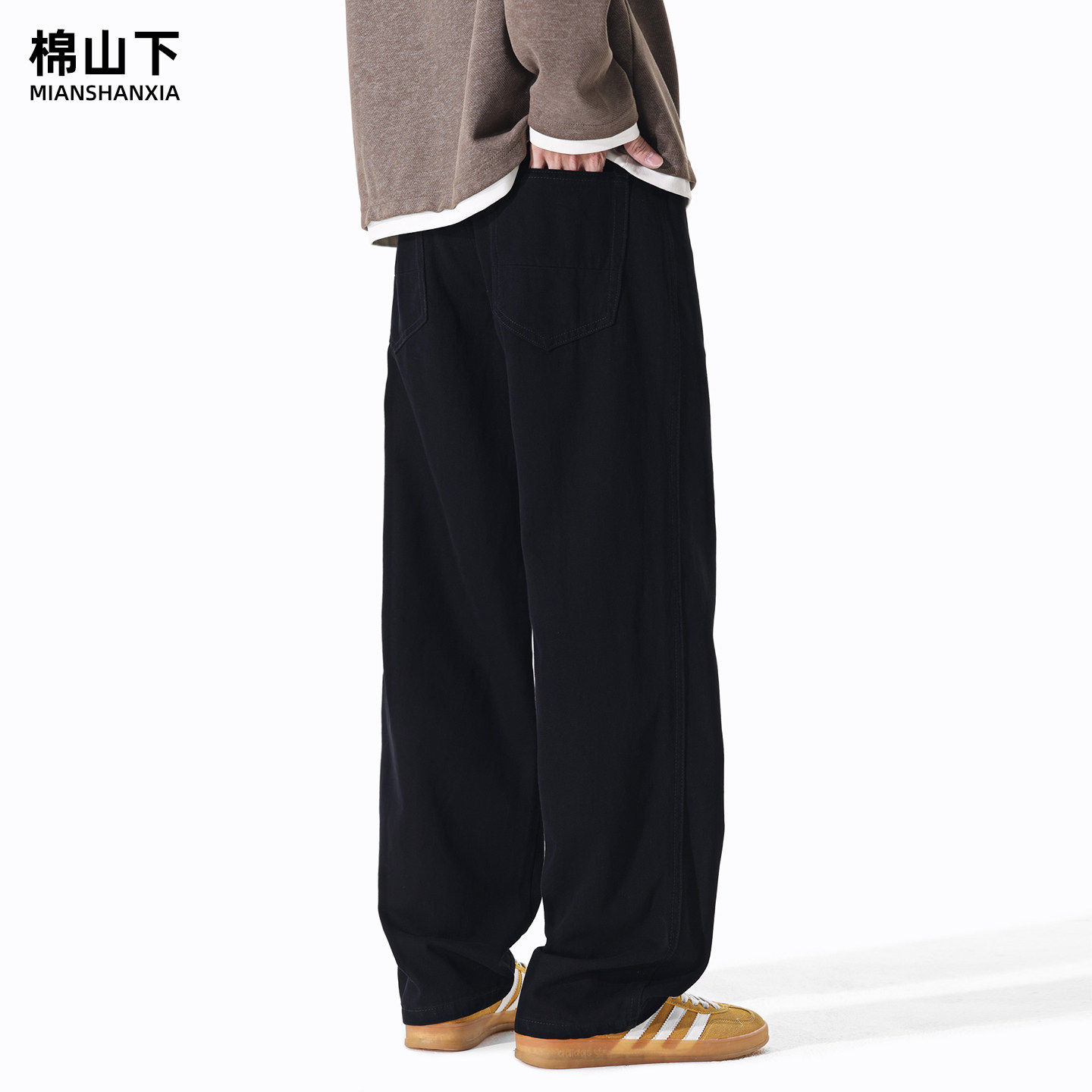 棉山下黑色牛仔裤男款宽松直筒阔腿大码纯棉水洗休闲裤子2026新款