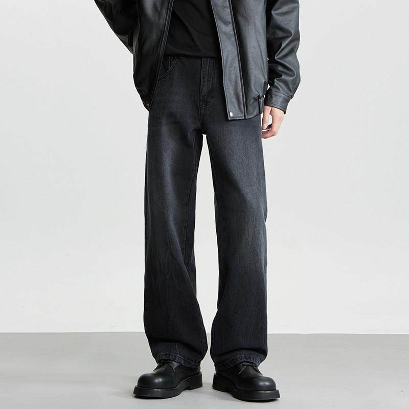 AGANONMEM黑色阔感直筒牛仔裤男春秋季美式高街水洗宽松通勤长裤